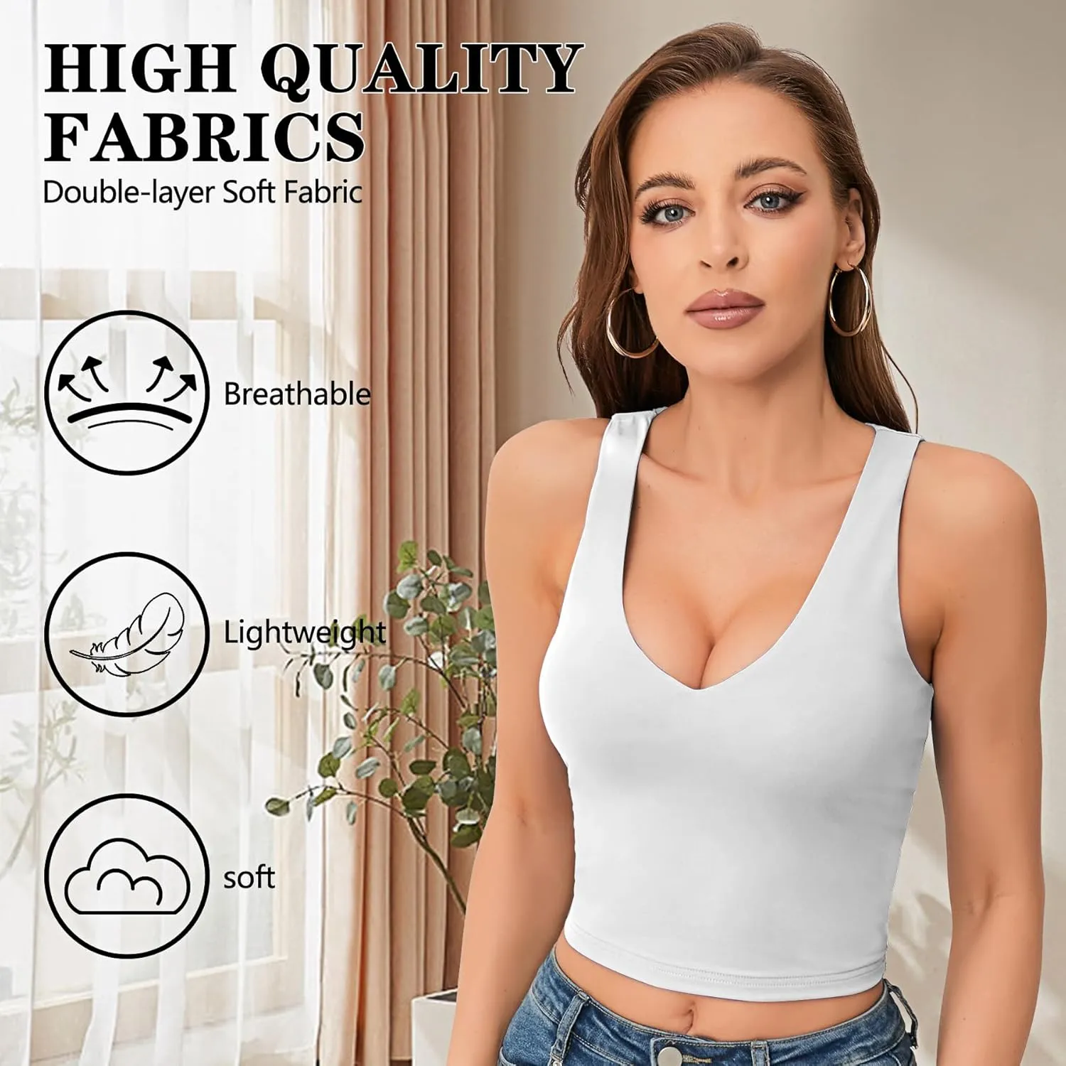 Women's Sexy V Neck Crop Tops Sexy Trendy Double Lined Tank Tops Going Out Sleeveless Basic Top