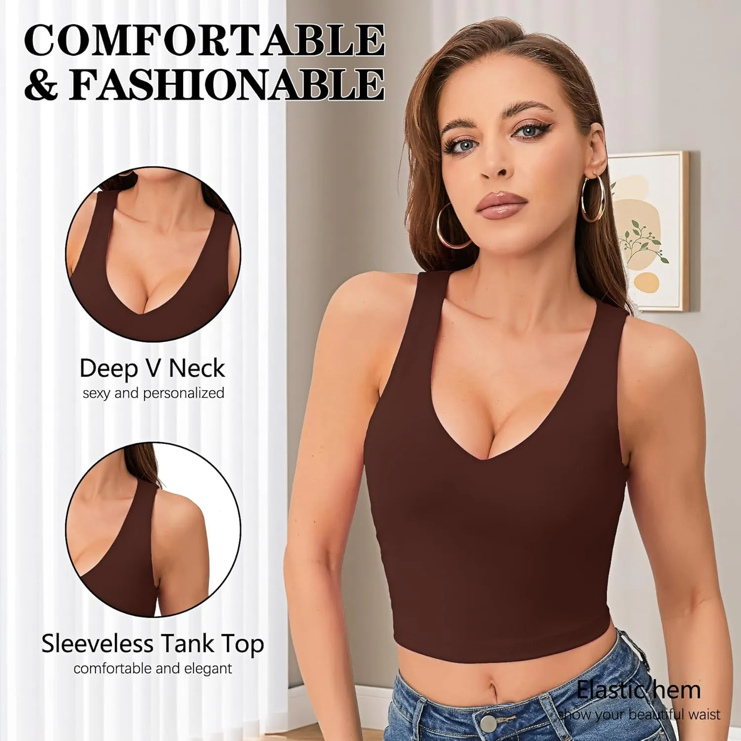 Women's Sexy V Neck Crop Tops Sexy Trendy Double Lined Tank Tops Going Out Sleeveless Basic Top