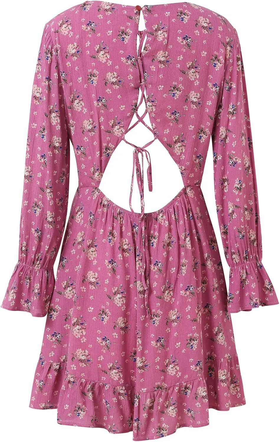 Women's Sexy V-Neck Long Sleeve Floral Mini Knee Length Skirt Ruffle Waist Elegant Dress