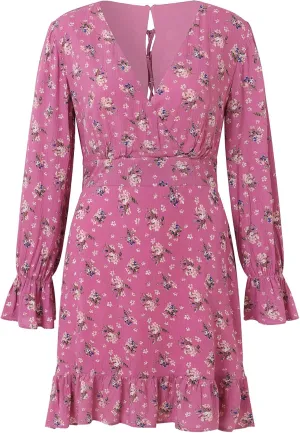 Women's Sexy V-Neck Long Sleeve Floral Mini Knee Length Skirt Ruffle Waist Elegant Dress