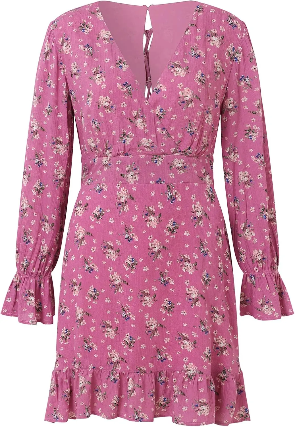 Women's Sexy V-Neck Long Sleeve Floral Mini Knee Length Skirt Ruffle Waist Elegant Dress