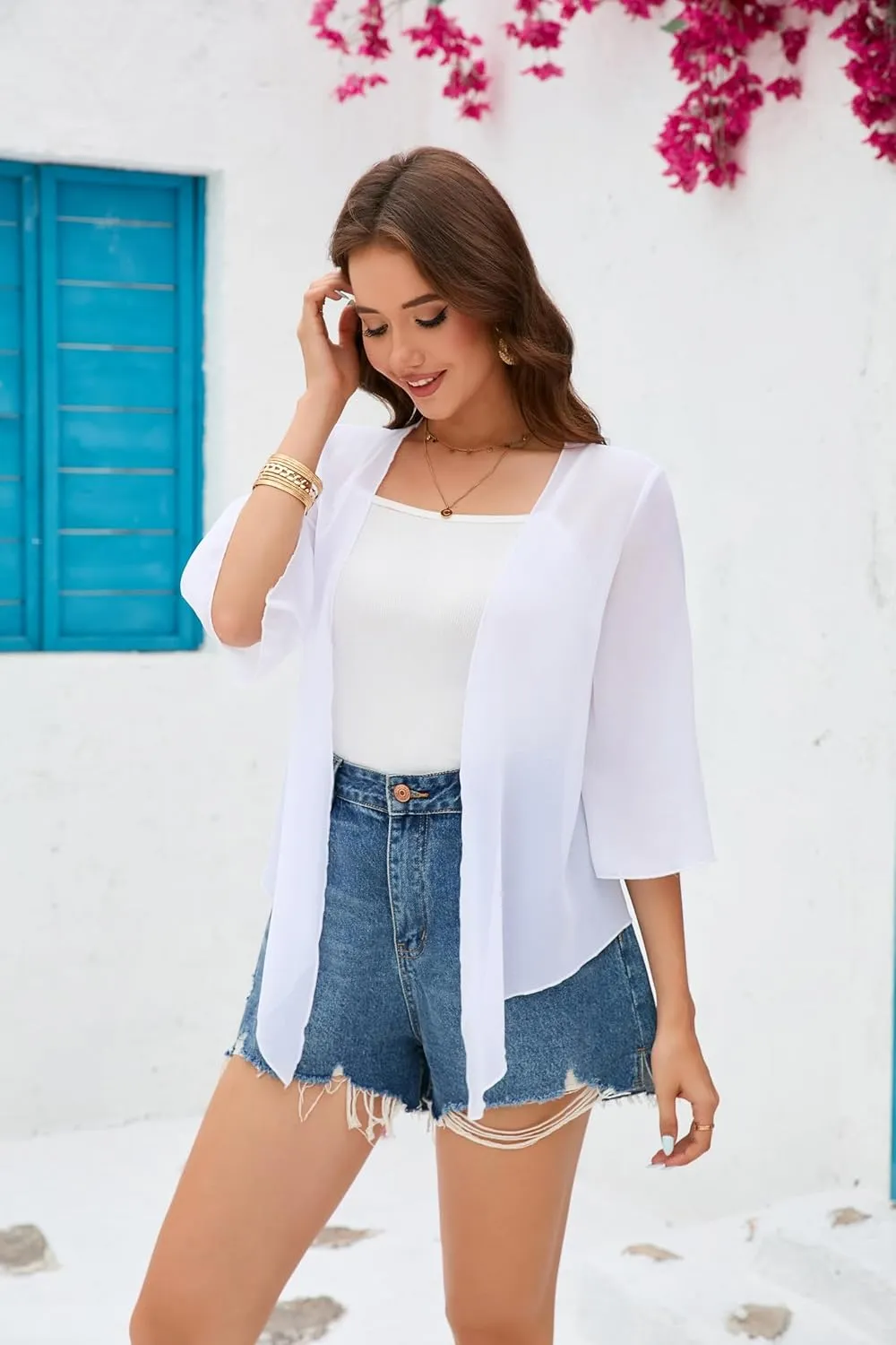 Womens Sheer Shrug Tie Front 3/4 Bell Sleeve Crop Cardigan for Dress Lightweight Summer Chiffon Cover Up