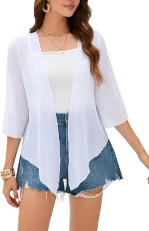 Womens Sheer Shrug Tie Front 3/4 Bell Sleeve Crop Cardigan for Dress Lightweight Summer Chiffon Cover Up