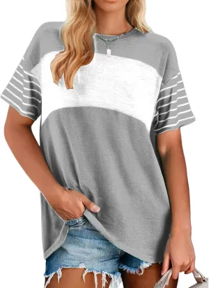 Womens Short Sleeve Tops, Color Block Striped Shirts for Women, Crewneck Oversize Blouses, Casual Summer Tops Women