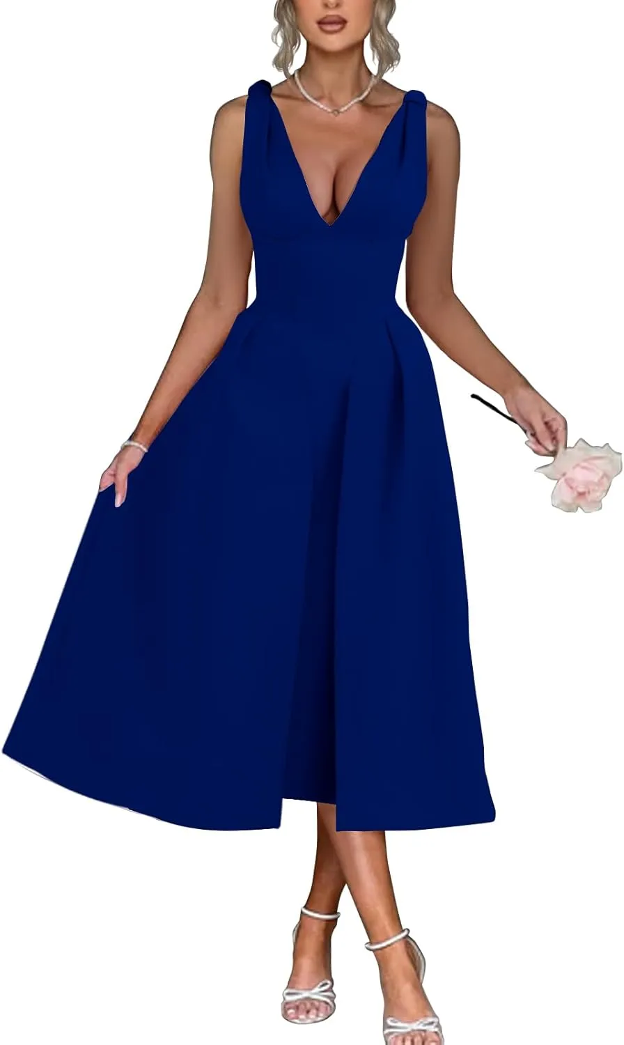 Womens Sleeveless Deep V Neck 1950s Retro Vintage Cocktail Wedding Guest Party A-Line Swing Maxi Dresses