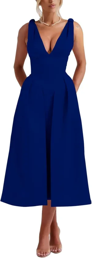 Womens Sleeveless Deep V Neck 1950s Retro Vintage Cocktail Wedding Guest Party A-Line Swing Maxi Dresses