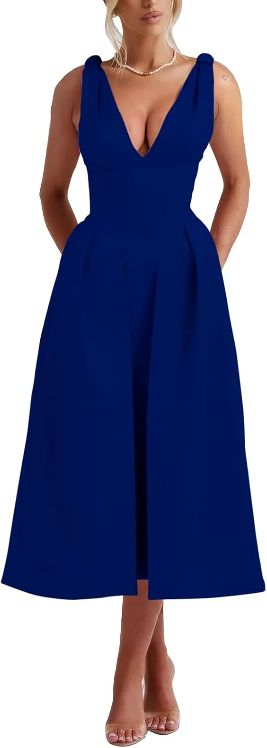 Womens Sleeveless Deep V Neck 1950s Retro Vintage Cocktail Wedding Guest Party A-Line Swing Maxi Dresses