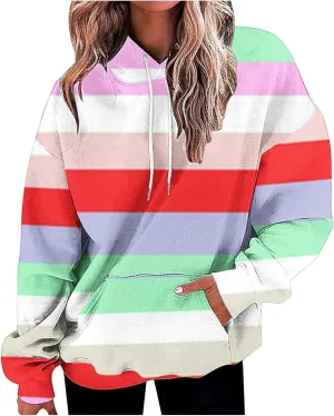 Womens Striped Hoodies Color Block Drawstring Hoodie Oversized Pullover Casual Fall Fashion Loose Fit Sweatshirt
