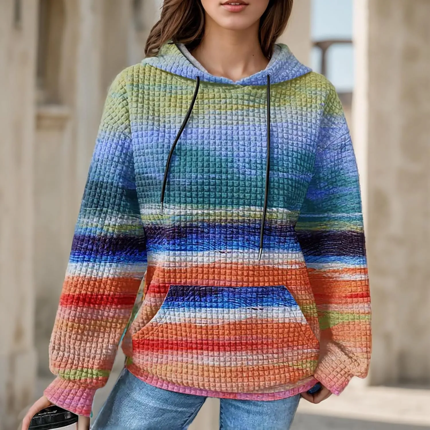 Women's Striped Oversized Hoodies Rainbow Waffle Knit Drawstring Pullover Sweatshirts Color Block Hooded Sweatshirt