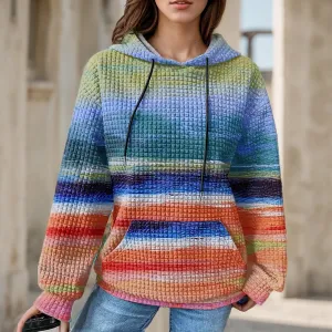 Women's Striped Oversized Hoodies Rainbow Waffle Knit Drawstring Pullover Sweatshirts Color Block Hooded Sweatshirt