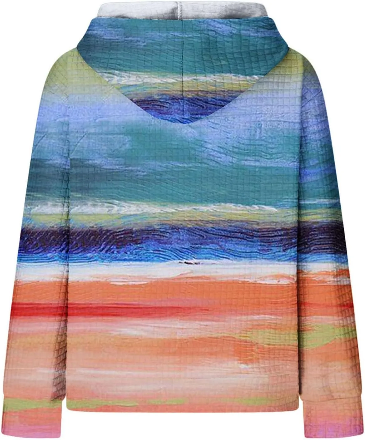 Women's Striped Oversized Hoodies Rainbow Waffle Knit Drawstring Pullover Sweatshirts Color Block Hooded Sweatshirt