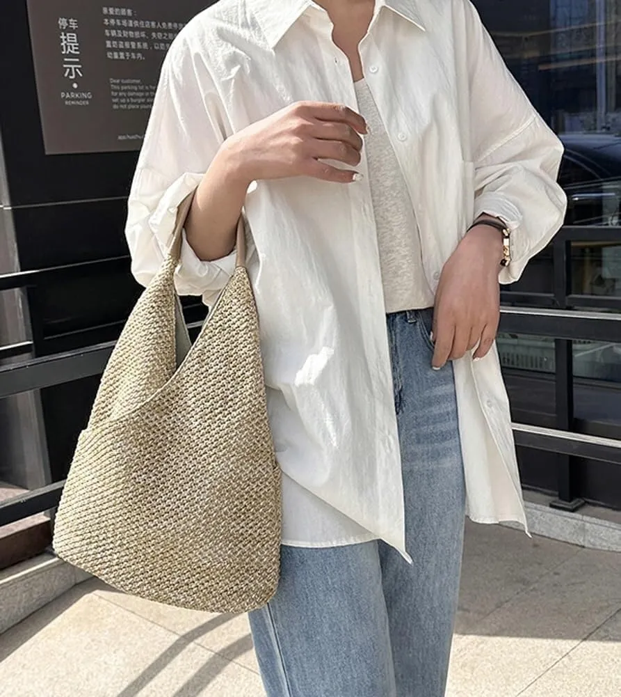 Women's Summer Beach Woven Straw Shoulder Bucket Hobo Handbags Large Totes with Top Handle and Net Design