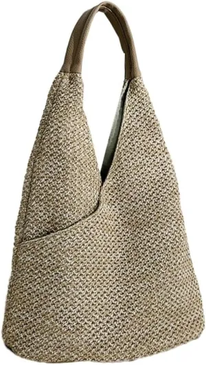 Women's Summer Beach Woven Straw Shoulder Bucket Hobo Handbags Large Totes with Top Handle and Net Design