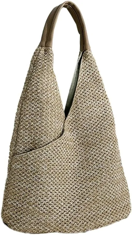 Women's Summer Beach Woven Straw Shoulder Bucket Hobo Handbags Large Totes with Top Handle and Net Design