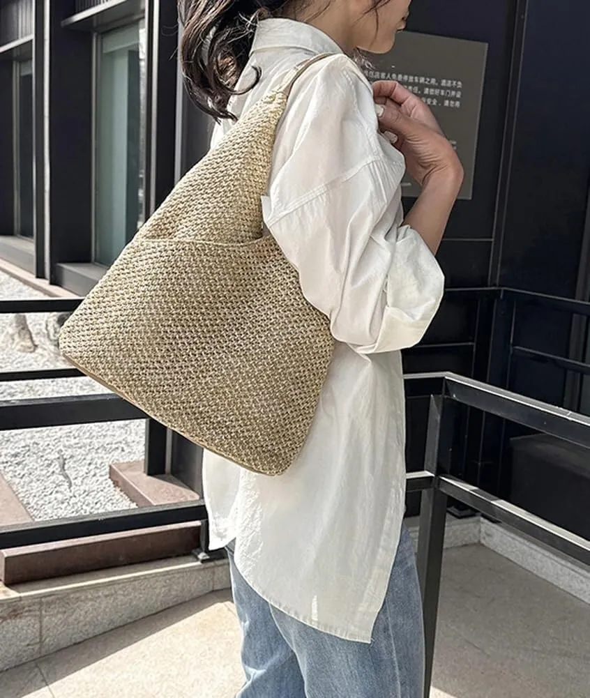 Women's Summer Beach Woven Straw Shoulder Bucket Hobo Handbags Large Totes with Top Handle and Net Design