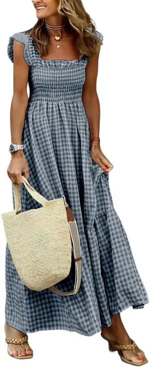 Women's Summer Boho Plaid Smocked Dress Spaghetti Strap Swing Flowy Maxi Beach Sundress