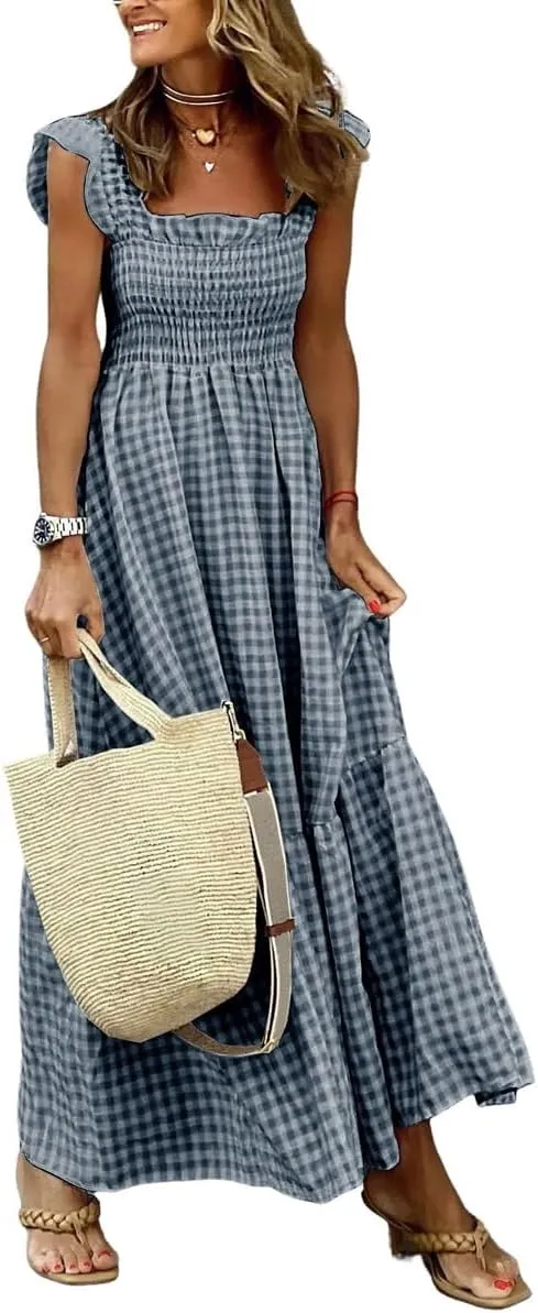 Women's Summer Boho Plaid Smocked Dress Spaghetti Strap Swing Flowy Maxi Beach Sundress
