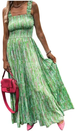 Women's Summer Boho Spaghetti Strap Square Neck Beach Sun Dress Sleeveless Floral Print Maxi Dress