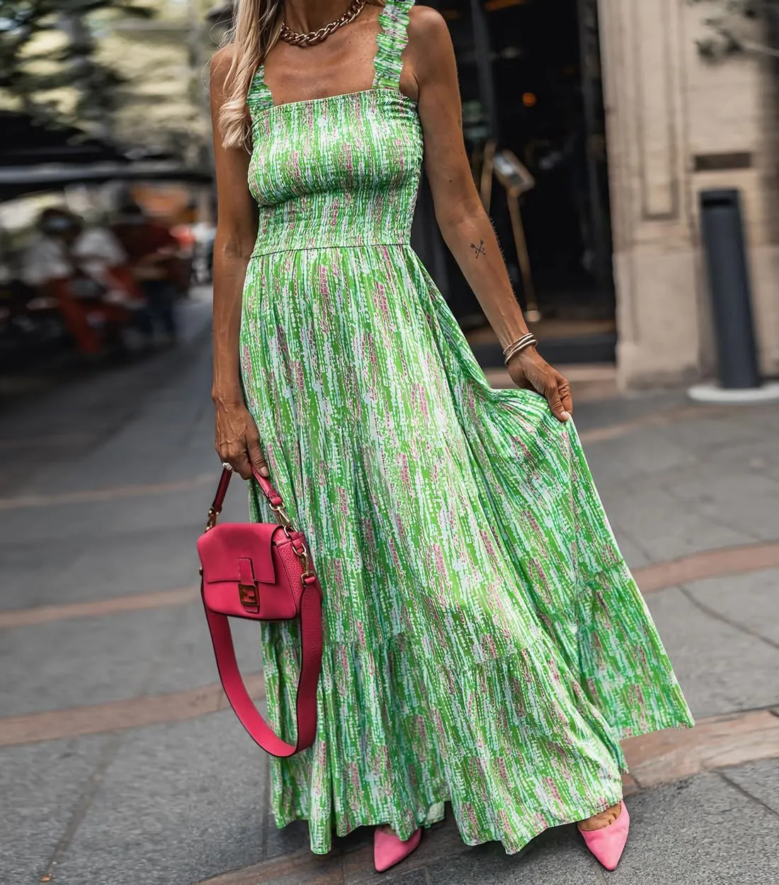Women's Summer Boho Spaghetti Strap Square Neck Beach Sun Dress Sleeveless Floral Print Maxi Dress