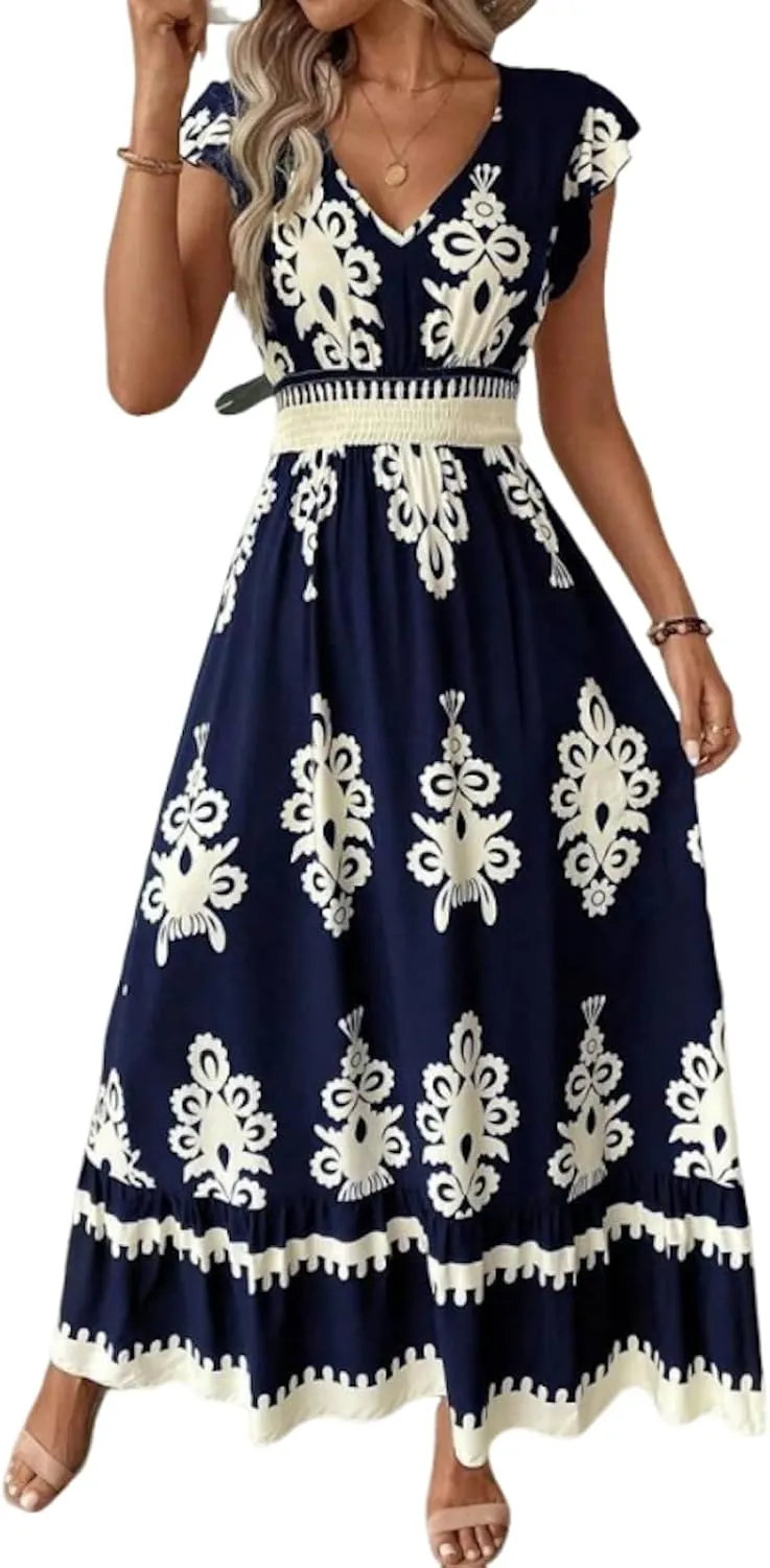 Womens Summer Casual Maxi Dresses Short Sleeve V Neck 2025 Spring Flowy A-Line Boho Print Beach Vacation Sundress