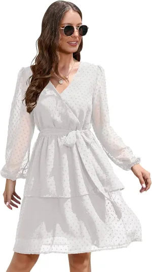Women's Summer Dresses Casual Dress V Neck Ruffle High Waist Flowy Mini Dress with Belt