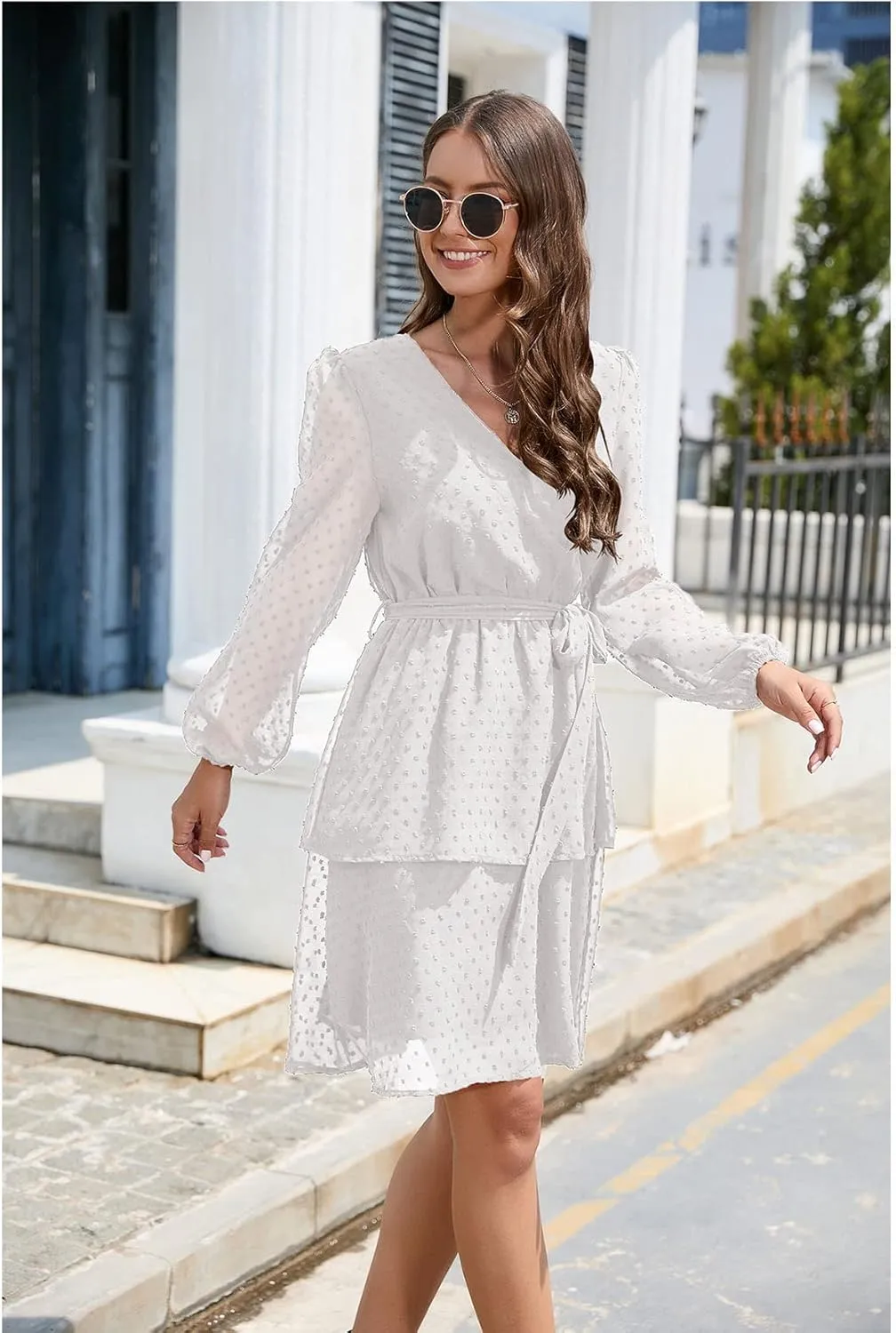 Women's Summer Dresses Casual Dress V Neck Ruffle High Waist Flowy Mini Dress with Belt