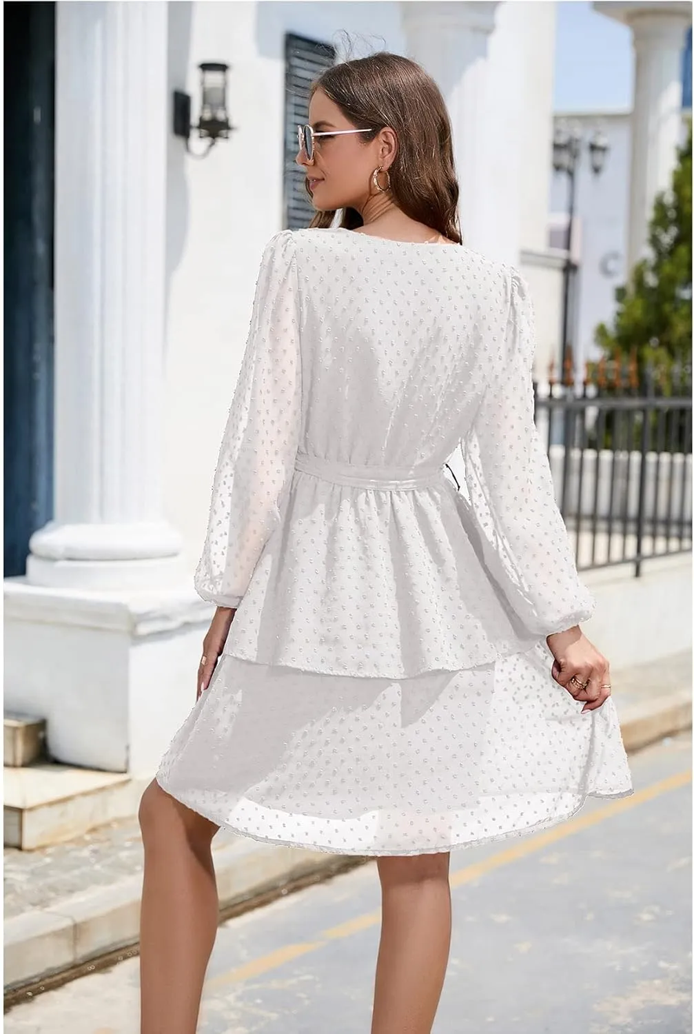 Women's Summer Dresses Casual Dress V Neck Ruffle High Waist Flowy Mini Dress with Belt