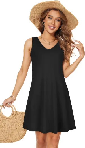 Womens Summer Dresses V Neck Sleeveless Sundress Casual Loose T Shirt Dress Swing Beach Cover Up with Pockets