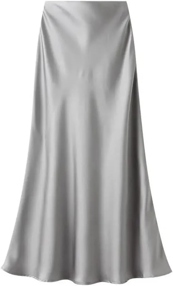 Women's Summer High Waisted Slim Elegant Satin Skirt Elastic Waist Mid-Length Party Wedding Skirts