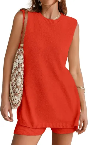 Women's Summer Sweater Sets Sleeveless Knit Tunic Top Matching Shorts Beach Vacation 2 Piece Outfits