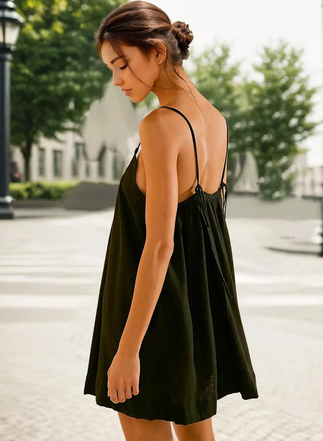 Womens Sundresses Mini Linen Beach Cover Up Tank Summer Casual Spaghetti Strap Sleeveless Dress with Pockets