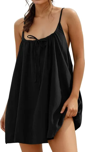 Womens Sundresses Mini Linen Beach Cover Up Tank Summer Casual Spaghetti Strap Sleeveless Dress with Pockets