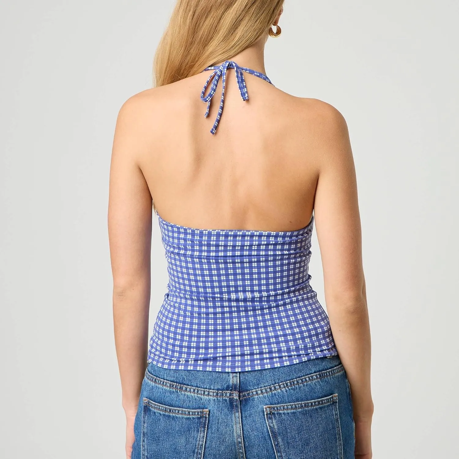 Women's Tie Back Halter Deep V Neck Tank Tops Y2K Sleeveless Backless Tight Fit Cami Shirt Tops