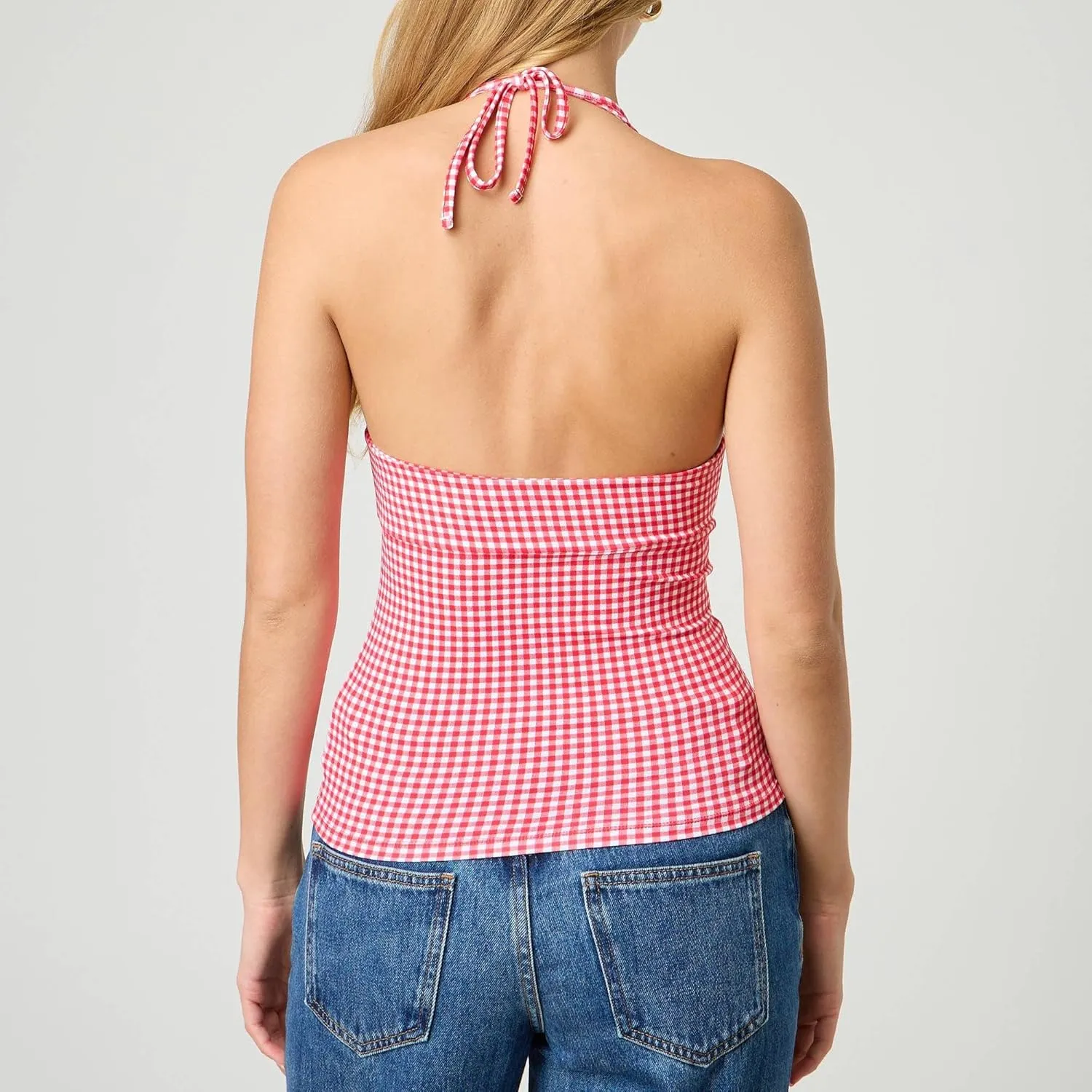 Women's Tie Back Halter Deep V Neck Tank Tops Y2K Sleeveless Backless Tight Fit Cami Shirt Tops