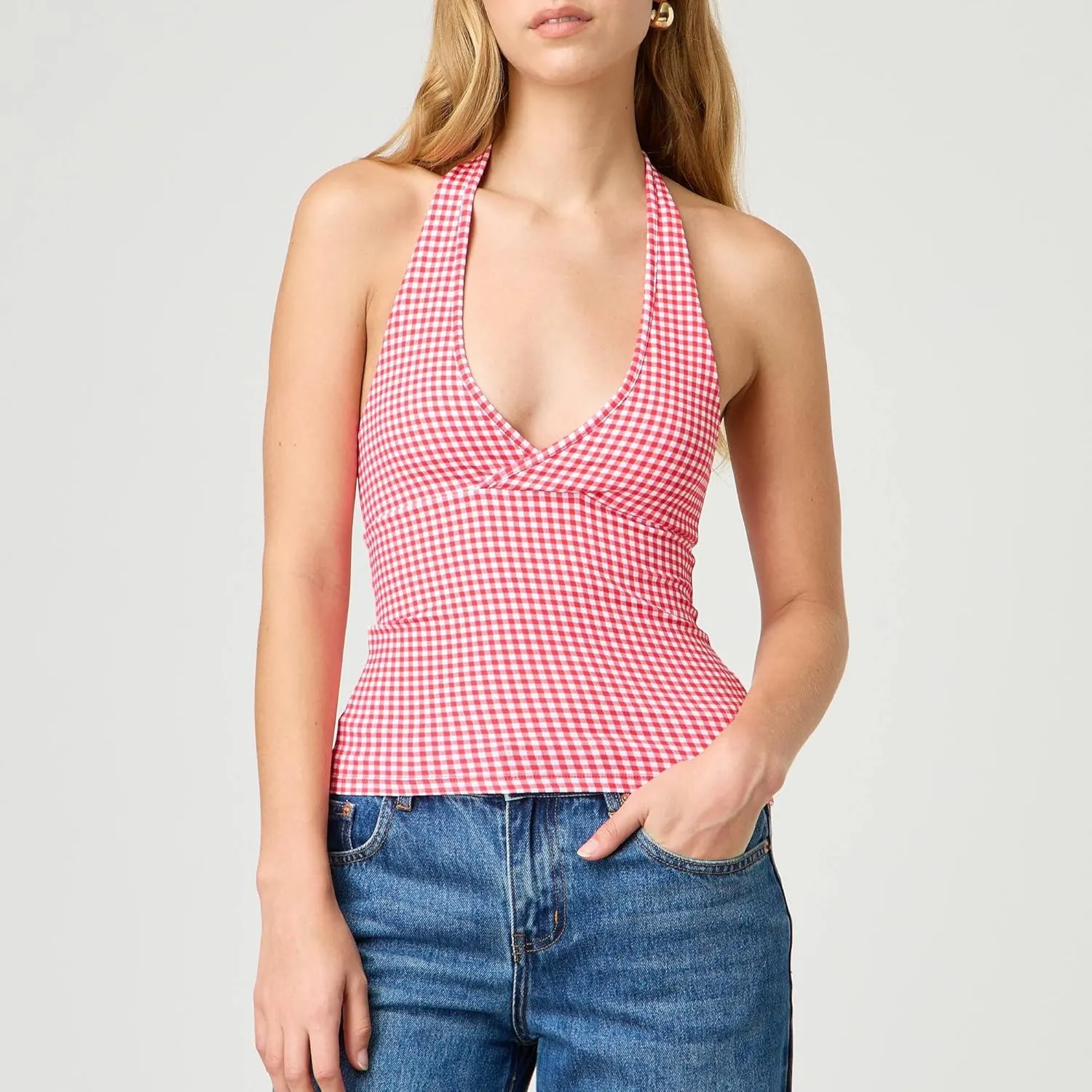 Women's Tie Back Halter Deep V Neck Tank Tops Y2K Sleeveless Backless Tight Fit Cami Shirt Tops