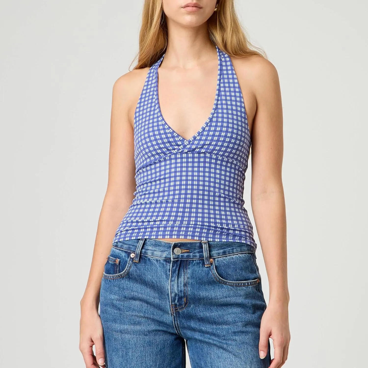 Women's Tie Back Halter Deep V Neck Tank Tops Y2K Sleeveless Backless Tight Fit Cami Shirt Tops