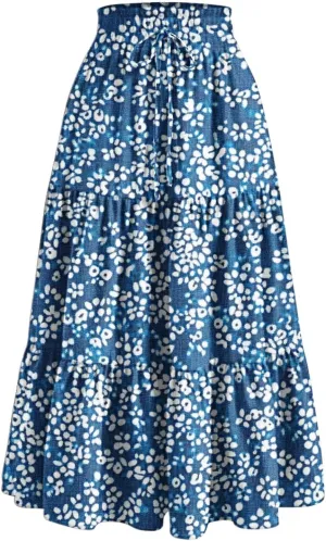 Womens Tiered Maxi Skirts Drawstring Elastic Waist Flowy Swing Long Skirt Summer Boho Beach Dress Trendy Clothes