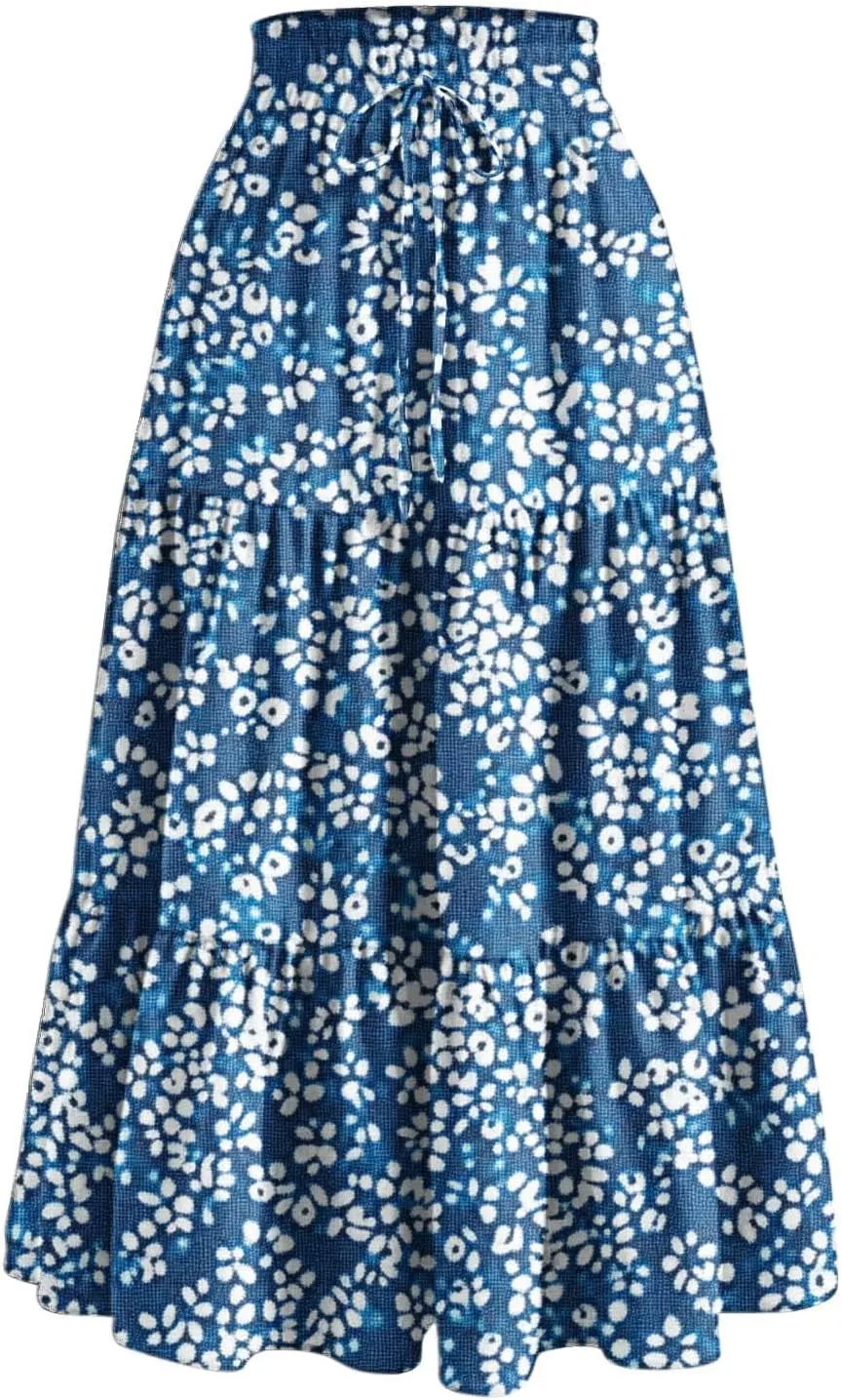 Womens Tiered Maxi Skirts Drawstring Elastic Waist Flowy Swing Long Skirt Summer Boho Beach Dress Trendy Clothes