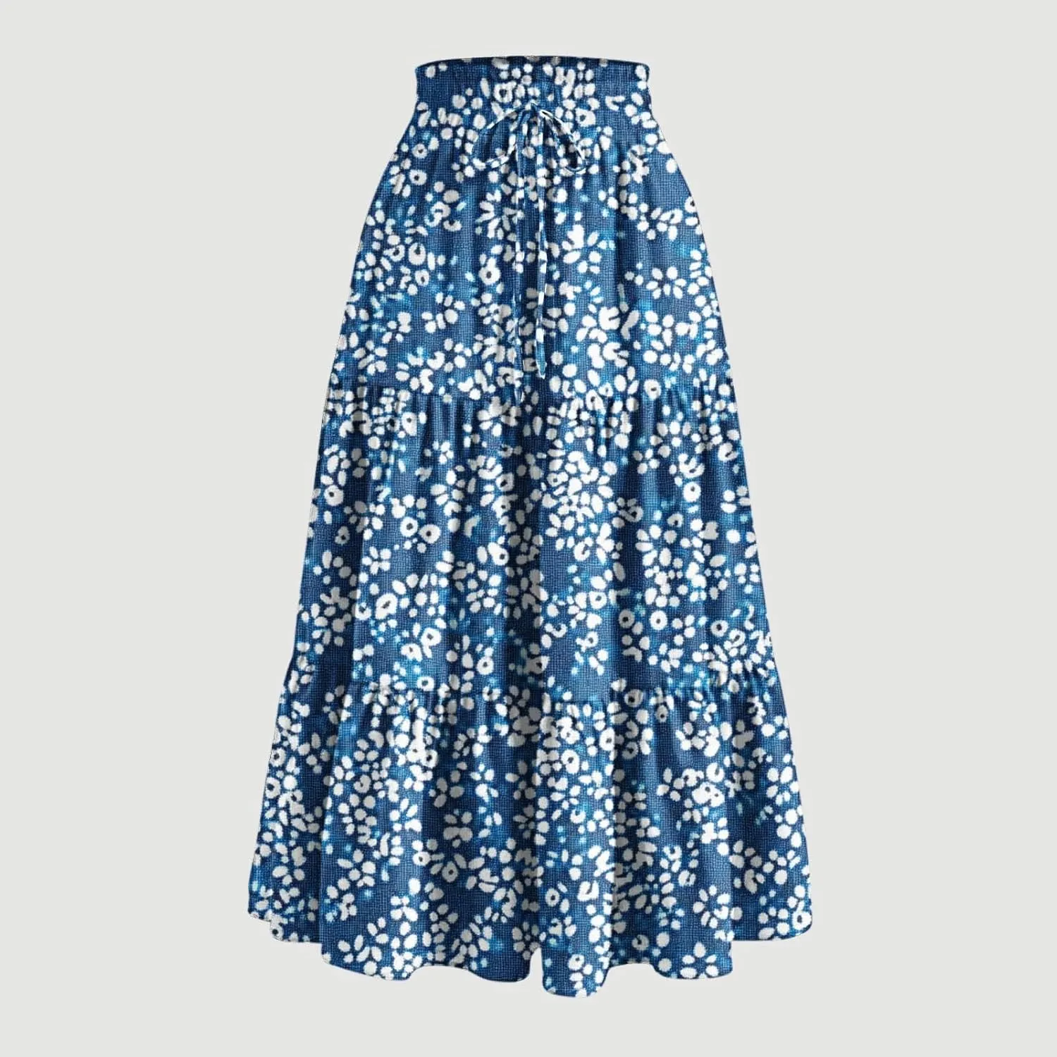 Womens Tiered Maxi Skirts Drawstring Elastic Waist Flowy Swing Long Skirt Summer Boho Beach Dress Trendy Clothes