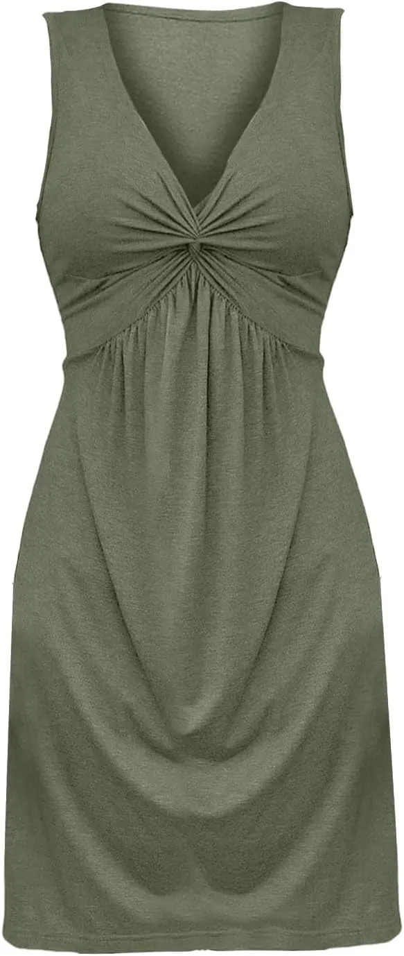 Women's Twist Front V Neck Ruffle Casual Summer Dress Sexy Elegant Sleeveless Club Party Tunic Bodycon Mini Dresses