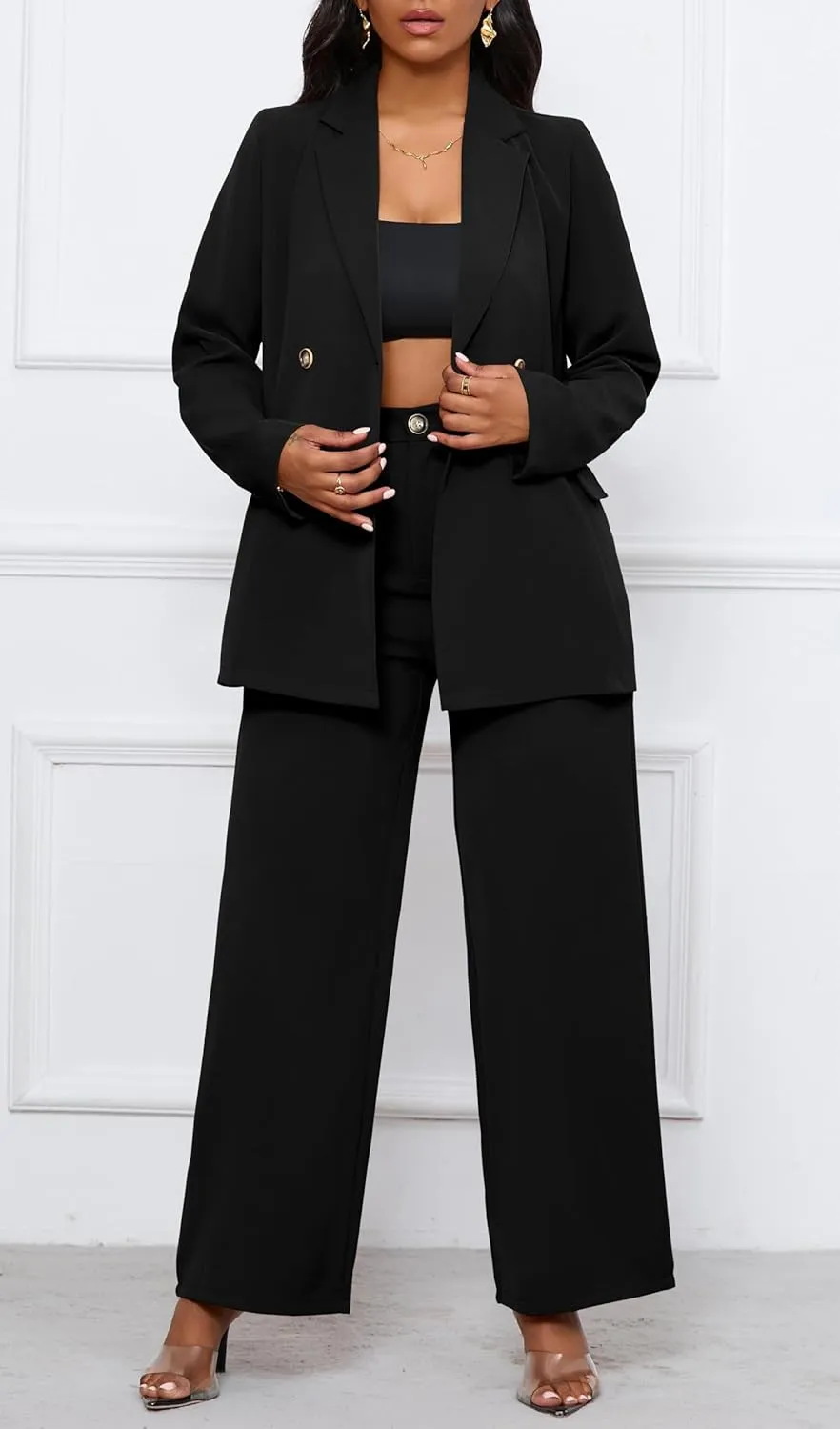 Women's Two Piece Outfits Casual Blazer Jacket Wide Leg Work Pants Business Suit Sets with Pocket