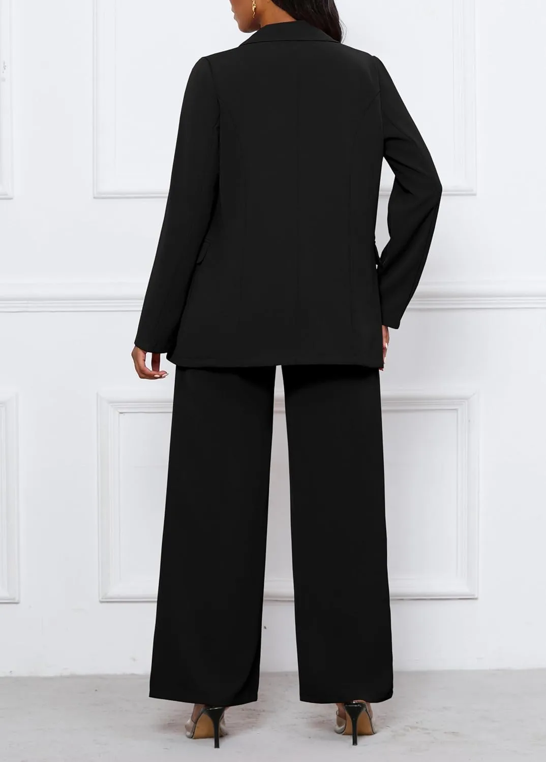 Women's Two Piece Outfits Casual Blazer Jacket Wide Leg Work Pants Business Suit Sets with Pocket