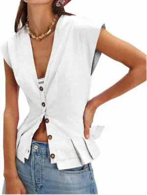 Womens V Neck Button Down Linen Vest Tops Cap Sleeve Fitted Tank Tops Summer Trendy Casual Waistcoat