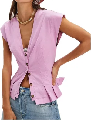 Womens V Neck Button Down Linen Vest Tops Cap Sleeve Fitted Tank Tops Summer Trendy Casual Waistcoat