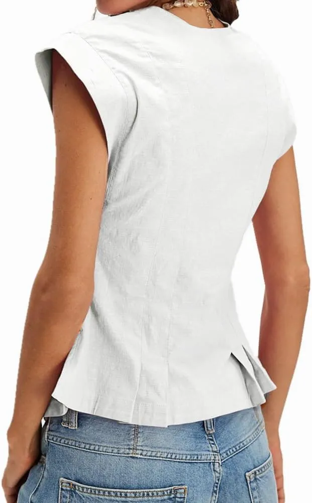 Womens V Neck Button Down Linen Vest Tops Cap Sleeve Fitted Tank Tops Summer Trendy Casual Waistcoat
