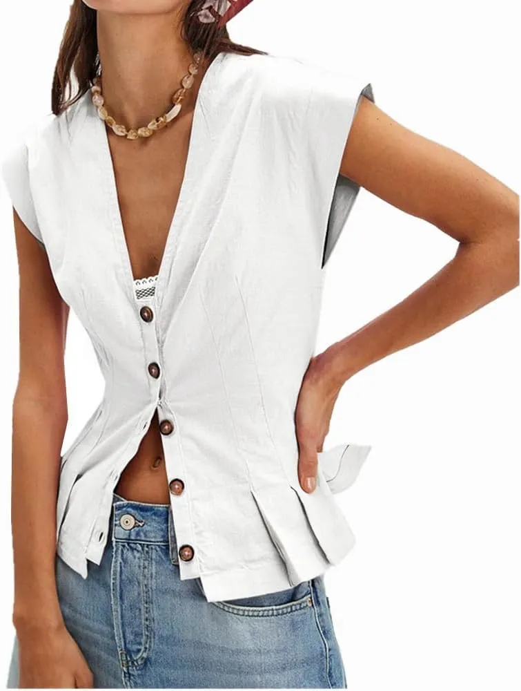 Womens V Neck Button Down Linen Vest Tops Cap Sleeve Fitted Tank Tops Summer Trendy Casual Waistcoat