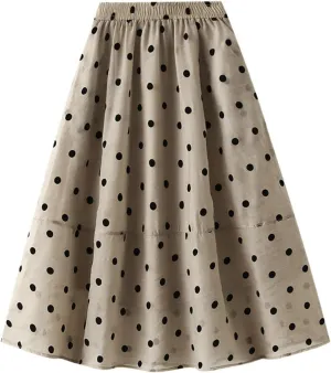 Women's Vintage Polka Dots Tulle Skirts Elastic Waist A Line Pleated Ruffle Midi Skirt Summer Loose Flowy Skirts