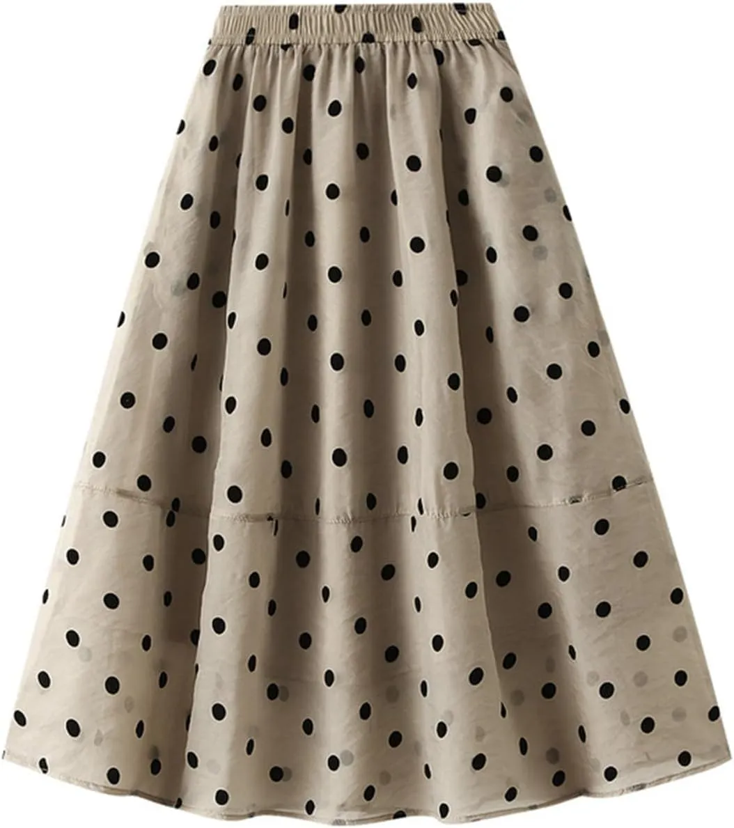 Women's Vintage Polka Dots Tulle Skirts Elastic Waist A Line Pleated Ruffle Midi Skirt Summer Loose Flowy Skirts