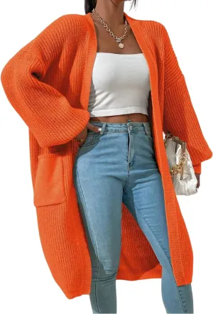 Women's Winter Midi Cardigan Oversized Long Sleeve Fuzzy Knitted Open Front Sweater Coat with Pocket