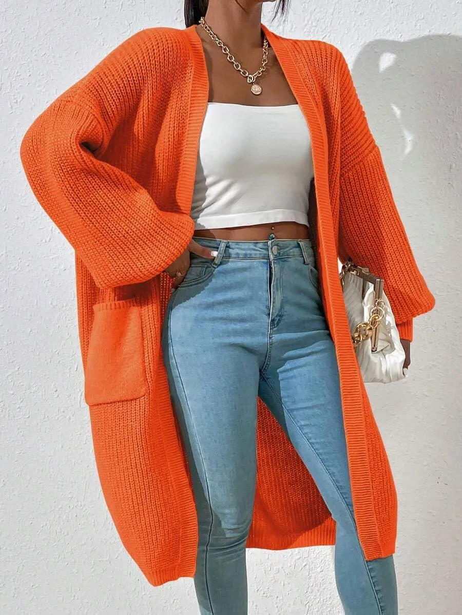 Women's Winter Midi Cardigan Oversized Long Sleeve Fuzzy Knitted Open Front Sweater Coat with Pocket